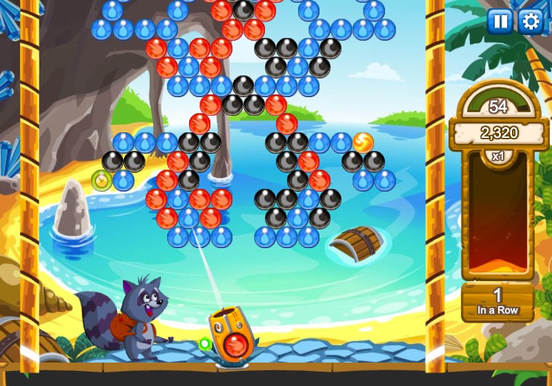 Partida de Bubble Island con el fondo de la isla, el cañón y el mapache